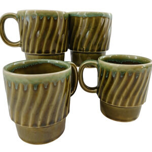 Set of 4 Vintage Japan Green Drip Glaze Stoneware Mugs Retro Coffee Cups